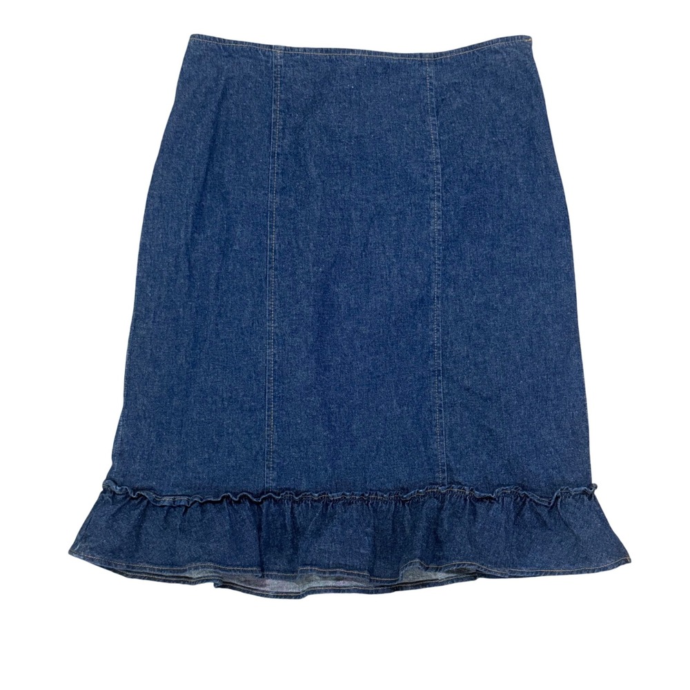 Ann Taylor Denim Ruffle Hem Midi Skirt Blue Stretch Jean A-Line Size 10